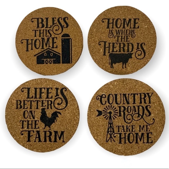 Cork Coaster Set Farmhouse Country Farm Phrases Natural Cork 4 Piece NEW - Picture 3 of 16
